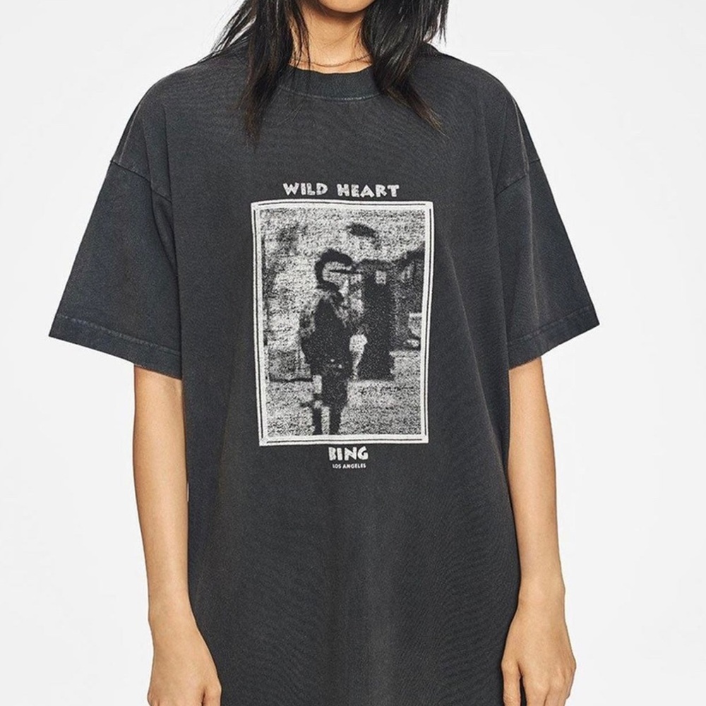 Anine Bing Wild Heart Graphic Relaxed Fit T-shirt Washed Gray Size Large